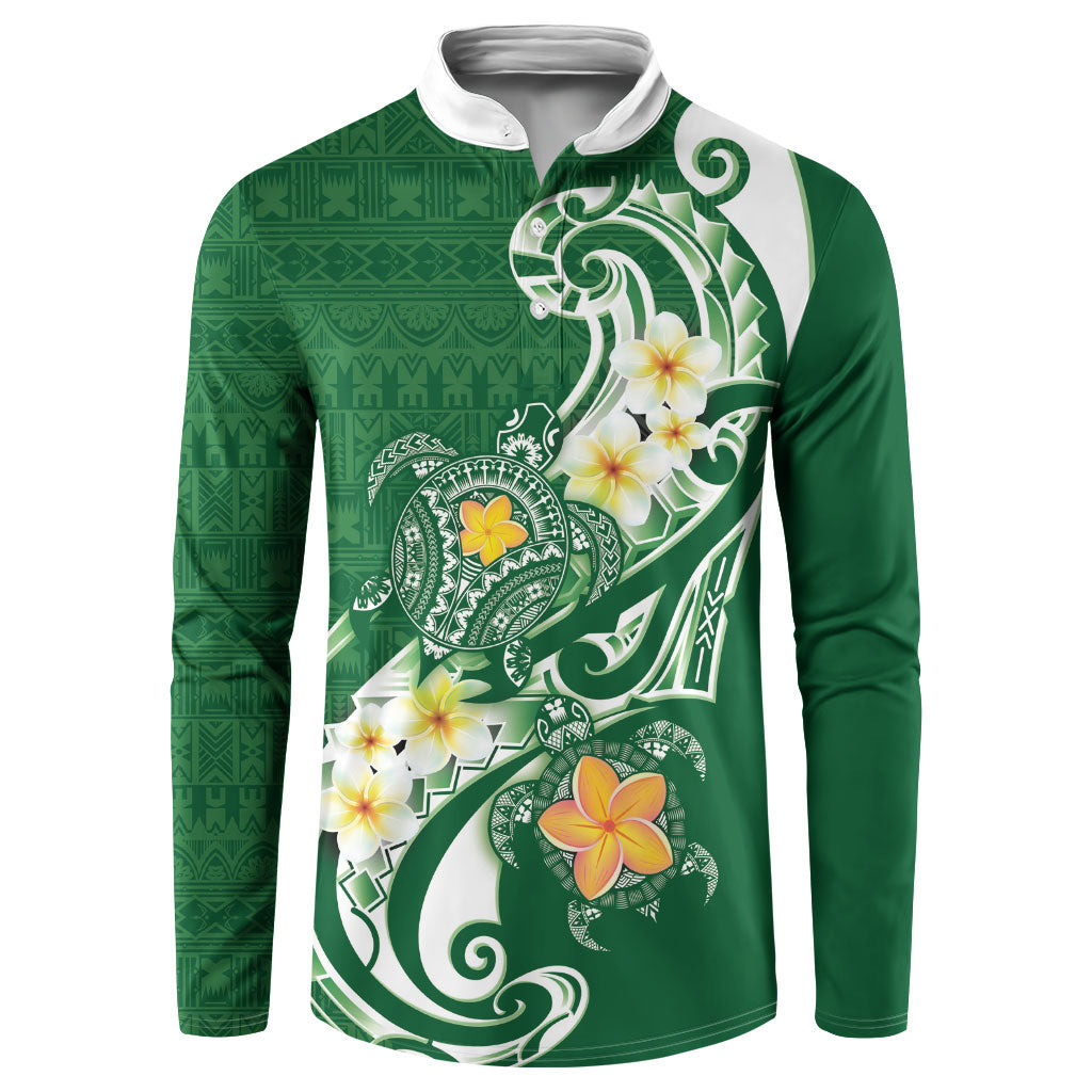 Bula Fiji Tapa Turtle Button Sweatshirt Plumeria Fijian Masi Vonu Green LT14 Green - Polynesian Pride
