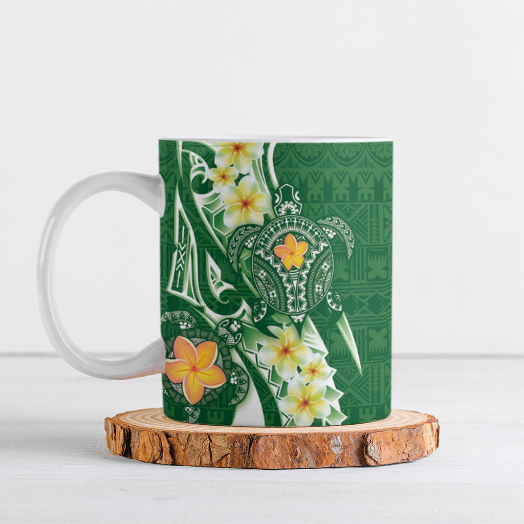 Bula Fiji Tapa Turtle Ceramic Mug Plumeria Fijian Masi Vonu Green LT14 Green - Polynesian Pride