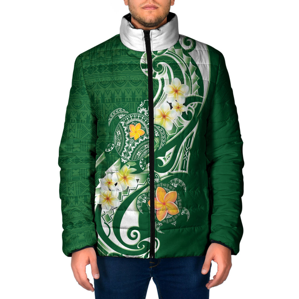 Bula Fiji Tapa Turtle Padded Jacket Plumeria Fijian Masi Vonu Green LT14 Men Green - Polynesian Pride