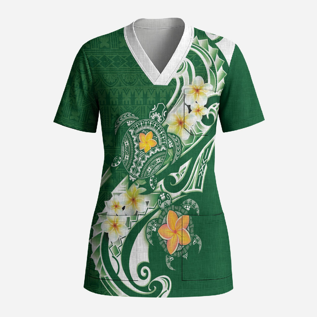 Bula Fiji Tapa Turtle Scrub Top Plumeria Fijian Masi Vonu Green
