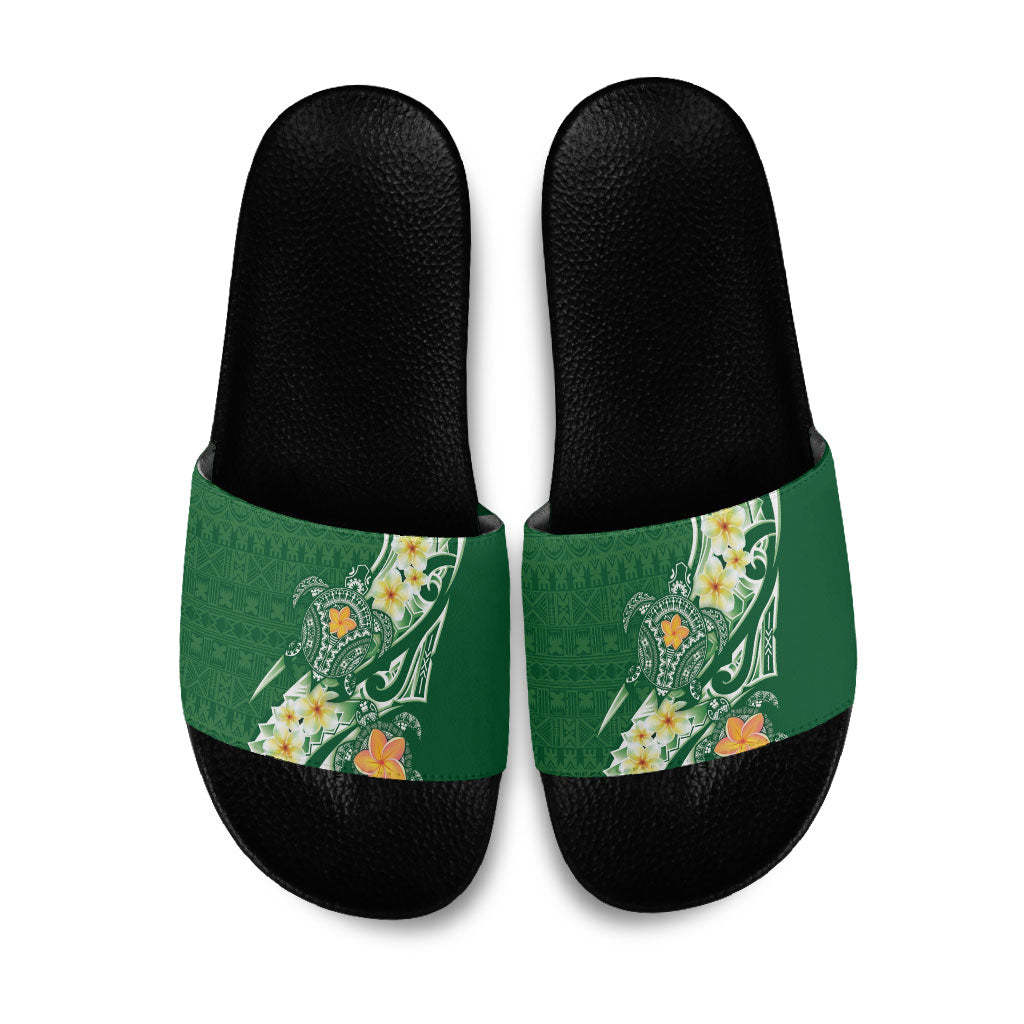 Bula Fiji Tapa Turtle Slide Sandals Plumeria Fijian Masi Vonu Green