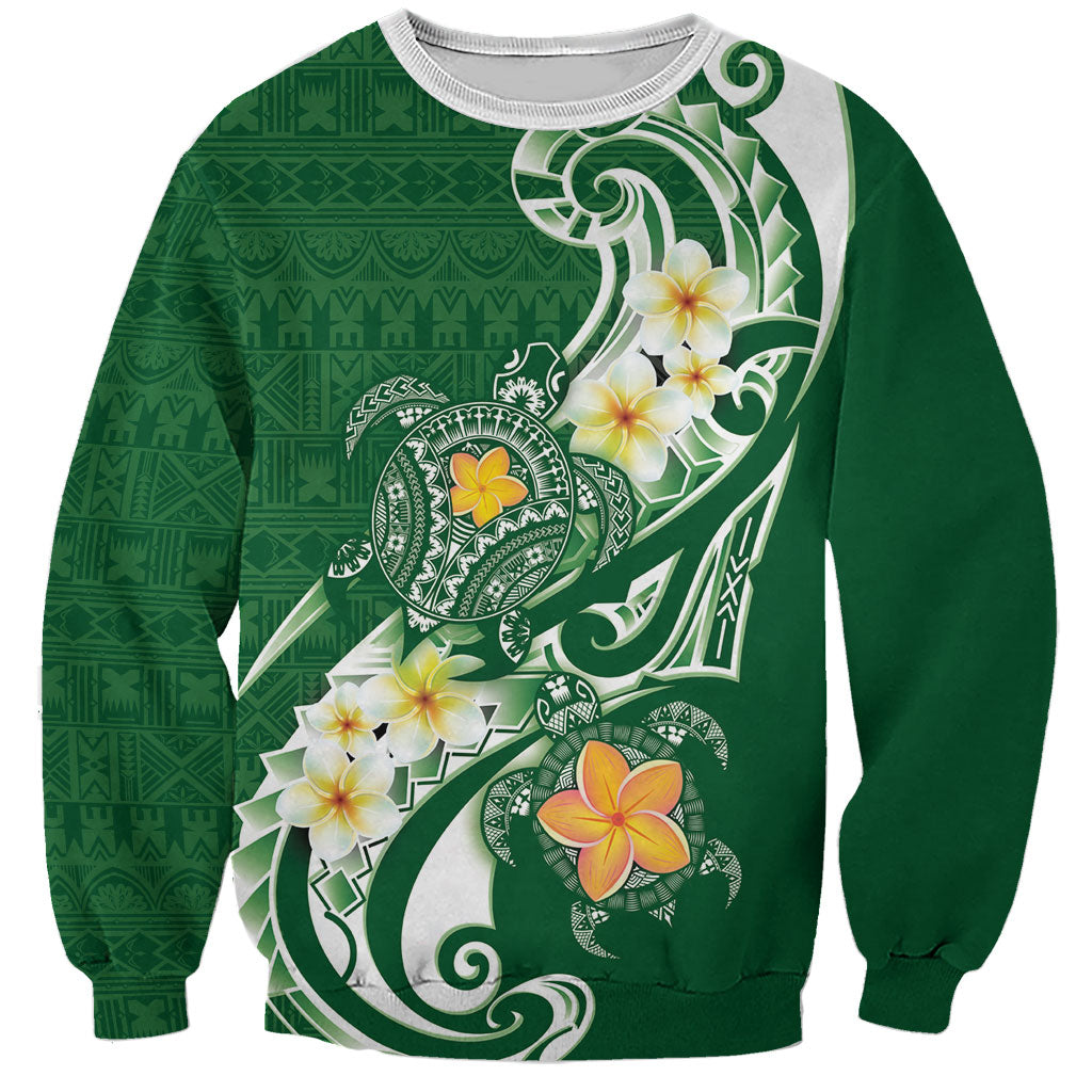 Bula Fiji Tapa Turtle Sweatshirt Plumeria Fijian Masi Vonu Green LT14 Unisex Green - Polynesian Pride