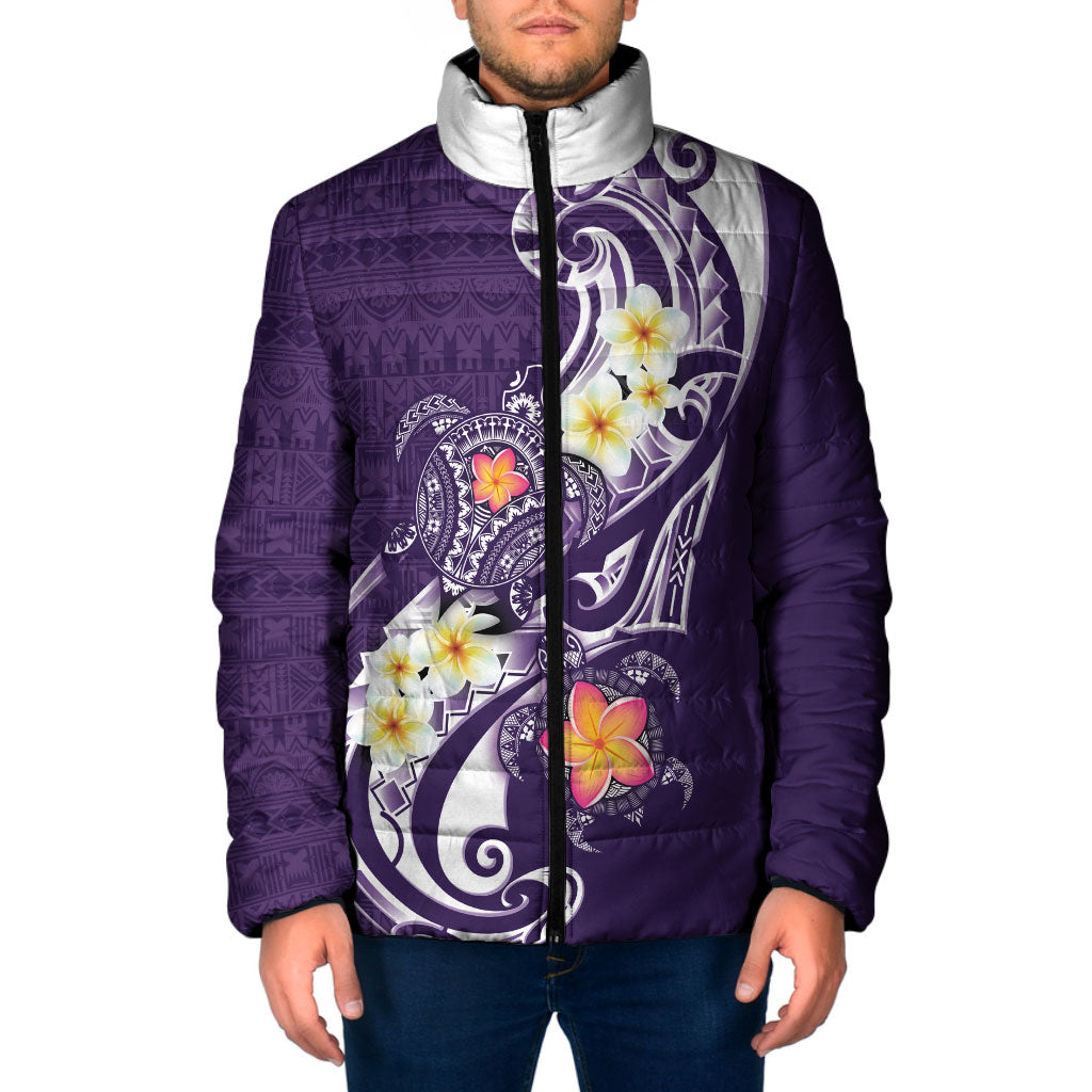 Bula Fiji Tapa Turtle Padded Jacket Plumeria Fijian Masi Vonu Purple LT14 Men Purple - Polynesian Pride
