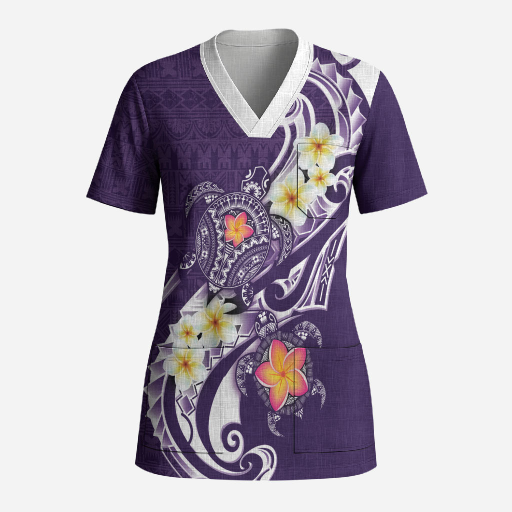 Bula Fiji Tapa Turtle Scrub Top Plumeria Fijian Masi Vonu Purple