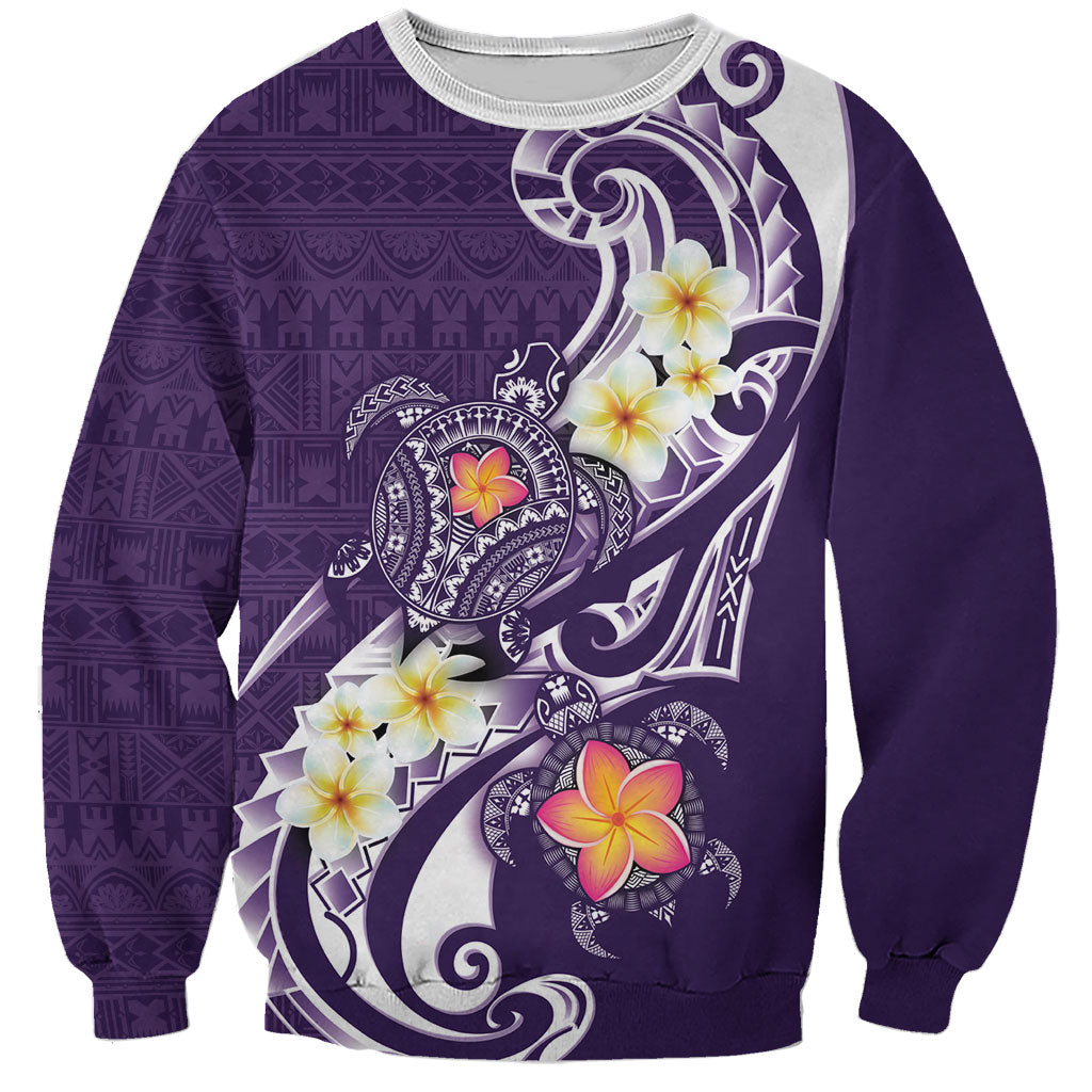 Bula Fiji Tapa Turtle Sweatshirt Plumeria Fijian Masi Vonu Purple LT14 Unisex Purple - Polynesian Pride