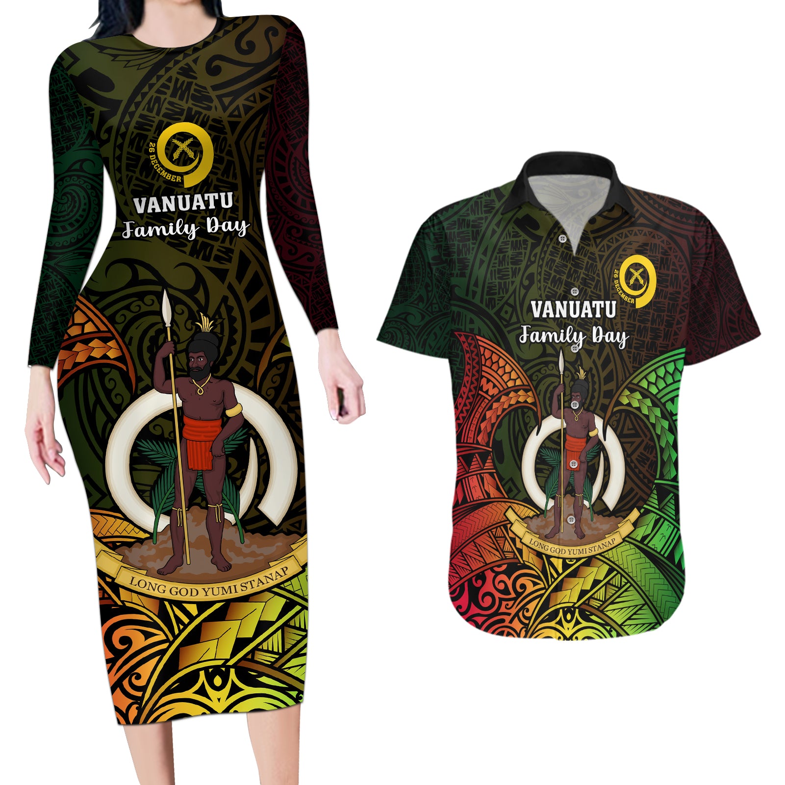 Personalised Vanuatu Family Day Couples Matching Long Sleeve Bodycon Dress and Hawaiian Shirt Happy 26 December Vanuatuan Pig Tusk LT14 Black - Polynesian Pride