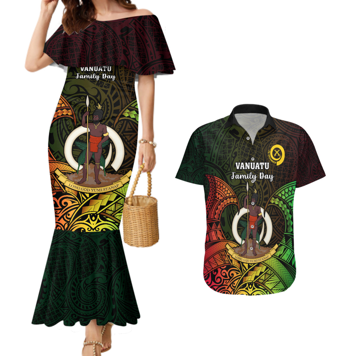 Personalised Vanuatu Family Day Couples Matching Mermaid Dress and Hawaiian Shirt Happy 26 December Vanuatuan Pig Tusk LT14 Black - Polynesian Pride