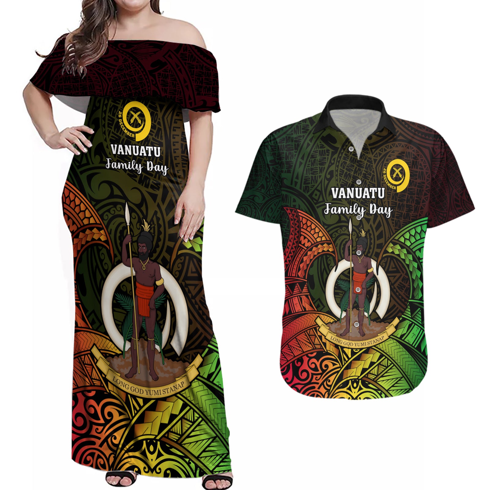 Personalised Vanuatu Family Day Couples Matching Off Shoulder Maxi Dress and Hawaiian Shirt Happy 26 December Vanuatuan Pig Tusk LT14 Black - Polynesian Pride