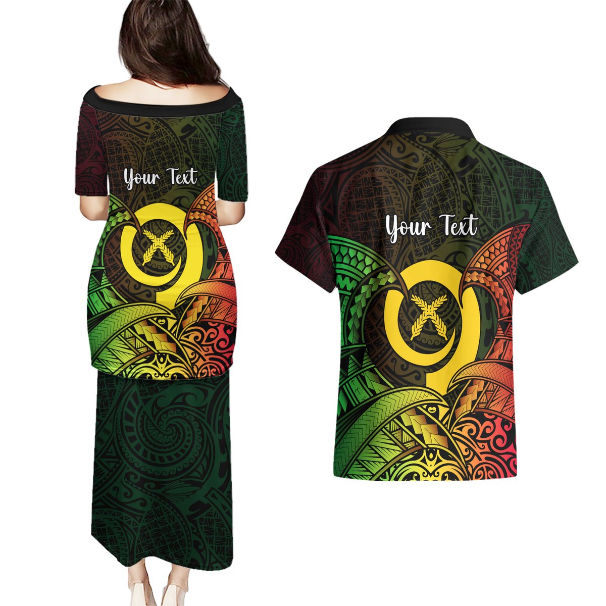 Personalised Vanuatu Family Day Couples Matching Puletasi Dress and Hawaiian Shirt Happy 26 December Vanuatuan Pig Tusk LT14 - Polynesian Pride