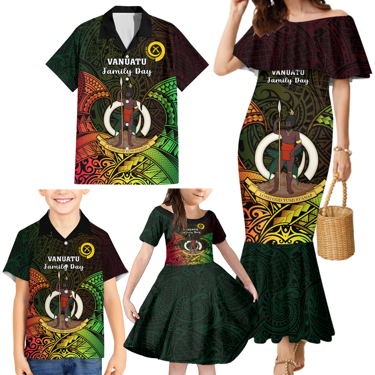 Personalised Vanuatu Family Day Family Matching Mermaid Dress and Hawaiian Shirt Happy 26 December Vanuatuan Pig Tusk LT14 - Polynesian Pride