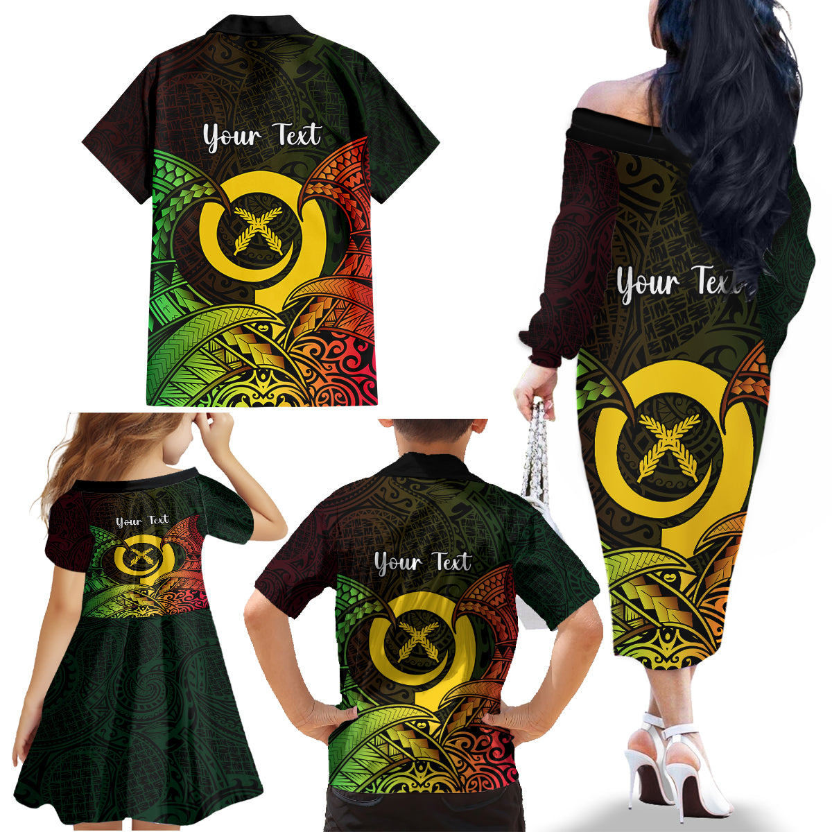 Personalised Vanuatu Family Day Family Matching Off Shoulder Long Sleeve Dress and Hawaiian Shirt Happy 26 December Vanuatuan Pig Tusk LT14 - Polynesian Pride