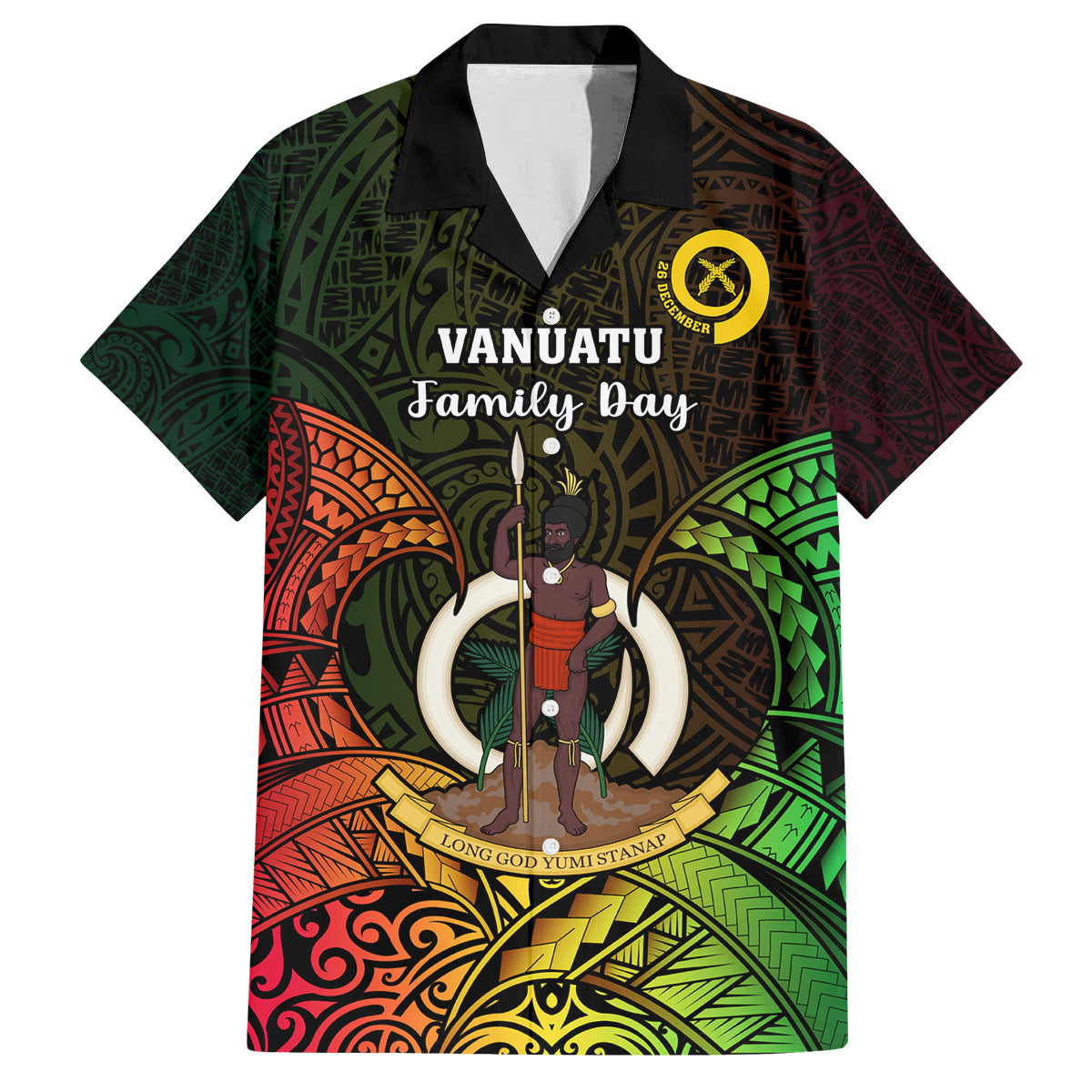 Personalised Vanuatu Family Day Family Matching Off Shoulder Long Sleeve Dress and Hawaiian Shirt Happy 26 December Vanuatuan Pig Tusk LT14 Dad's Shirt - Short Sleeve Black - Polynesian Pride