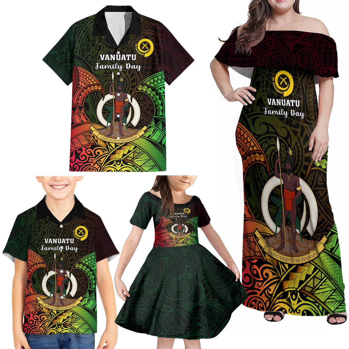 Personalised Vanuatu Family Day Family Matching Off Shoulder Maxi Dress and Hawaiian Shirt Happy 26 December Vanuatuan Pig Tusk LT14 - Polynesian Pride