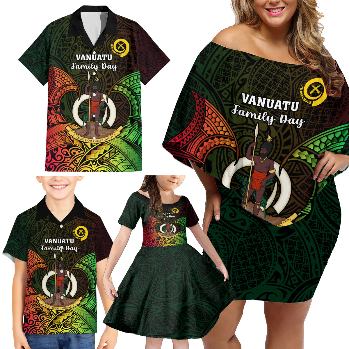 Personalised Vanuatu Family Day Family Matching Off Shoulder Short Dress and Hawaiian Shirt Happy 26 December Vanuatuan Pig Tusk LT14 - Polynesian Pride