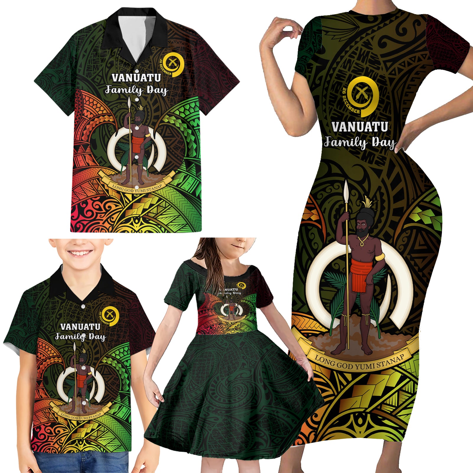 Personalised Vanuatu Family Day Family Matching Short Sleeve Bodycon Dress and Hawaiian Shirt Happy 26 December Vanuatuan Pig Tusk LT14 - Polynesian Pride