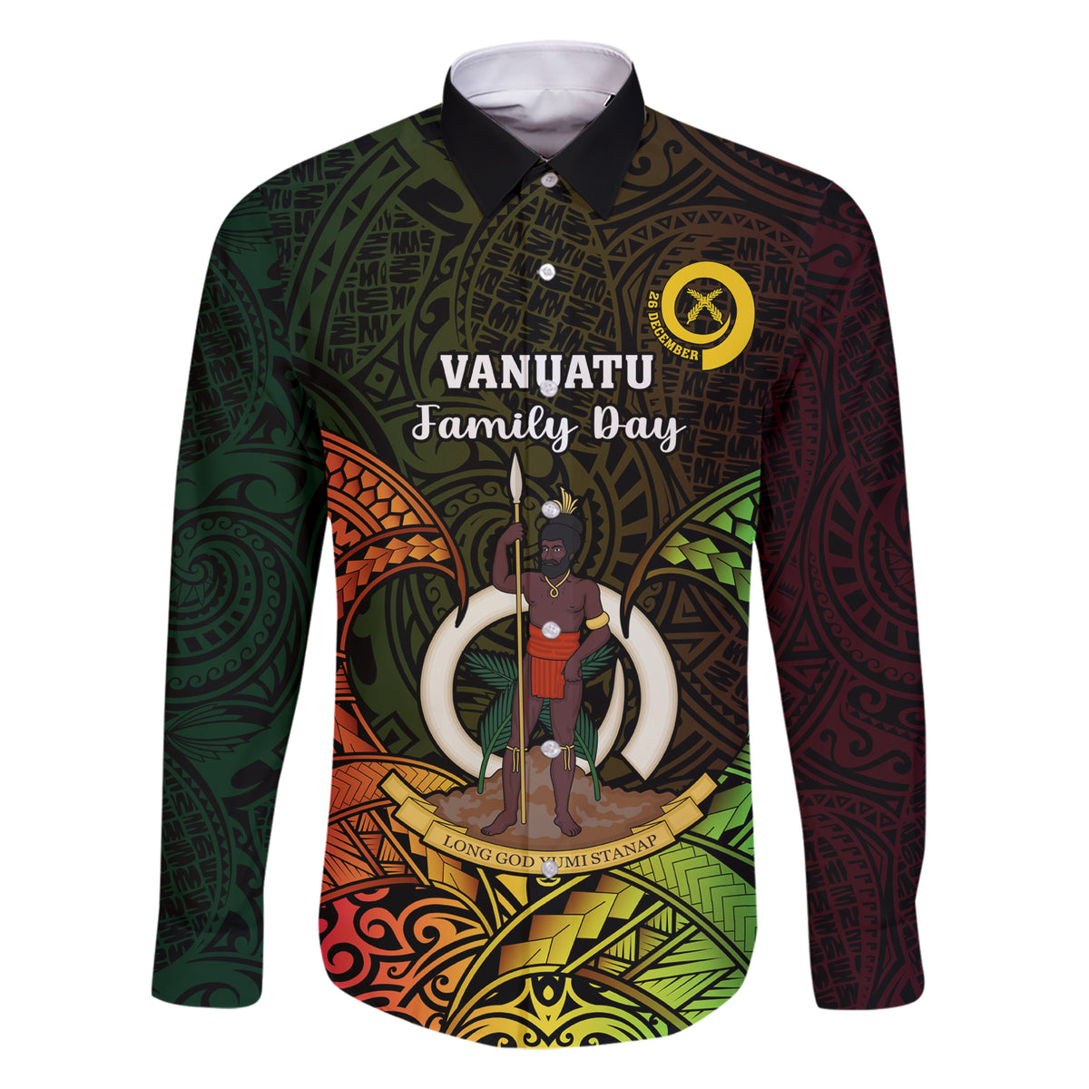 Personalised Vanuatu Family Day Family Matching Short Sleeve Bodycon Dress and Hawaiian Shirt Happy 26 December Vanuatuan Pig Tusk LT14 Dad's Shirt - Long Sleeve Black - Polynesian Pride