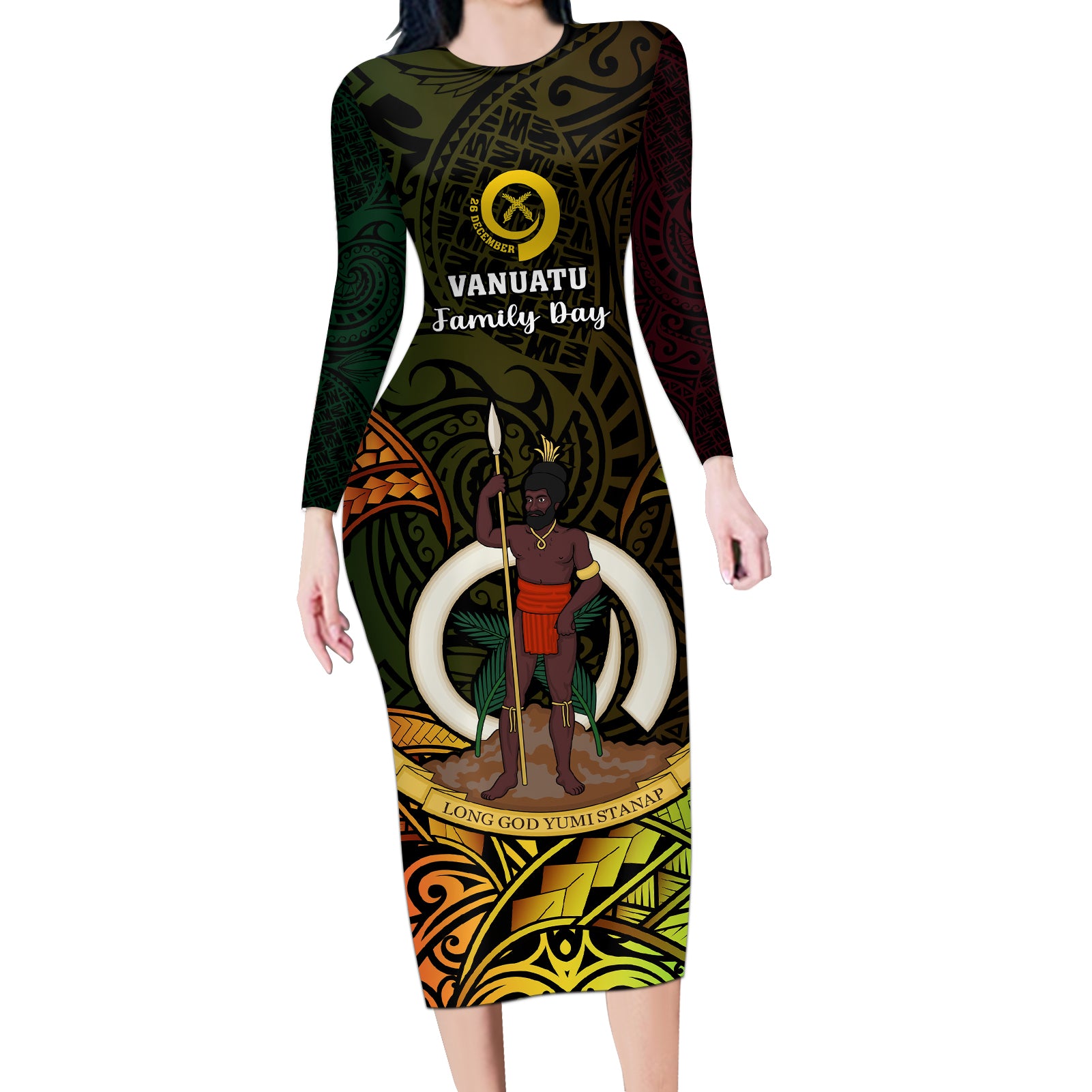 Personalised Vanuatu Family Day Long Sleeve Bodycon Dress Happy 26 December Vanuatuan Pig Tusk LT14 Long Dress Black - Polynesian Pride