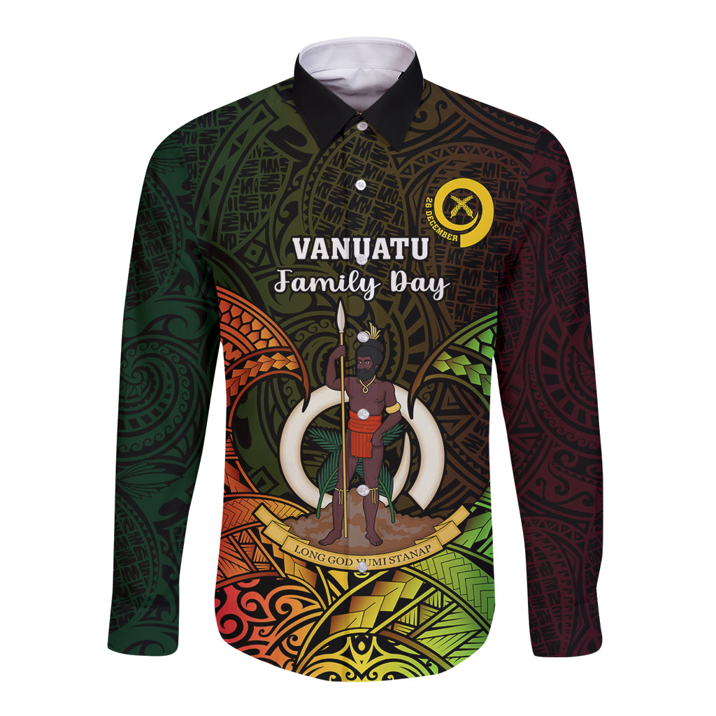 Personalised Vanuatu Family Day Long Sleeve Button Shirt Happy 26 December Vanuatuan Pig Tusk LT14 Unisex Black - Polynesian Pride