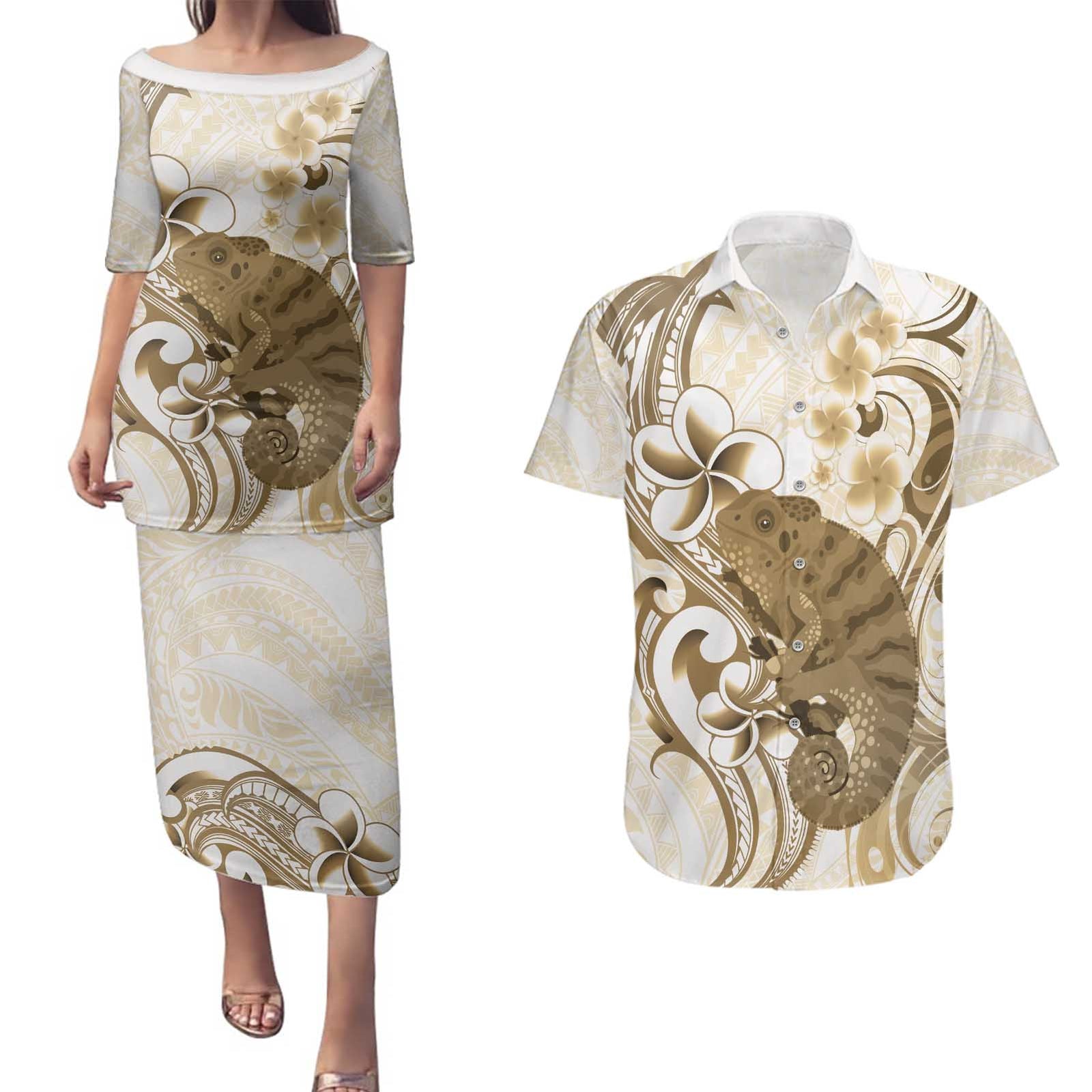 Brown And White Hawaii Chameleon Couples Matching Puletasi and Hawaiian Shirt Plumeria Polynesian Tribal Art LT14 Brown - Polynesian Pride