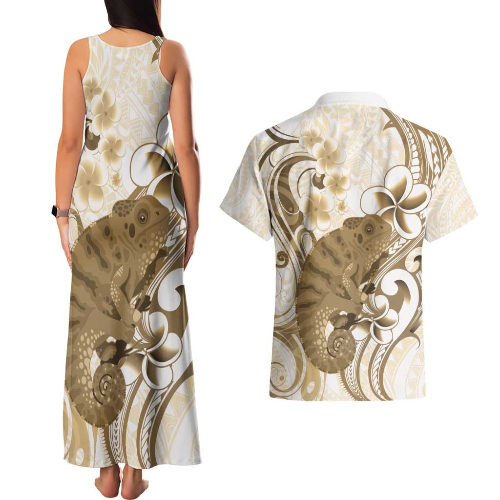 Brown And White Hawaii Chameleon Couples Matching Tank Maxi Dress and Hawaiian Shirt Plumeria Polynesian Tribal Art