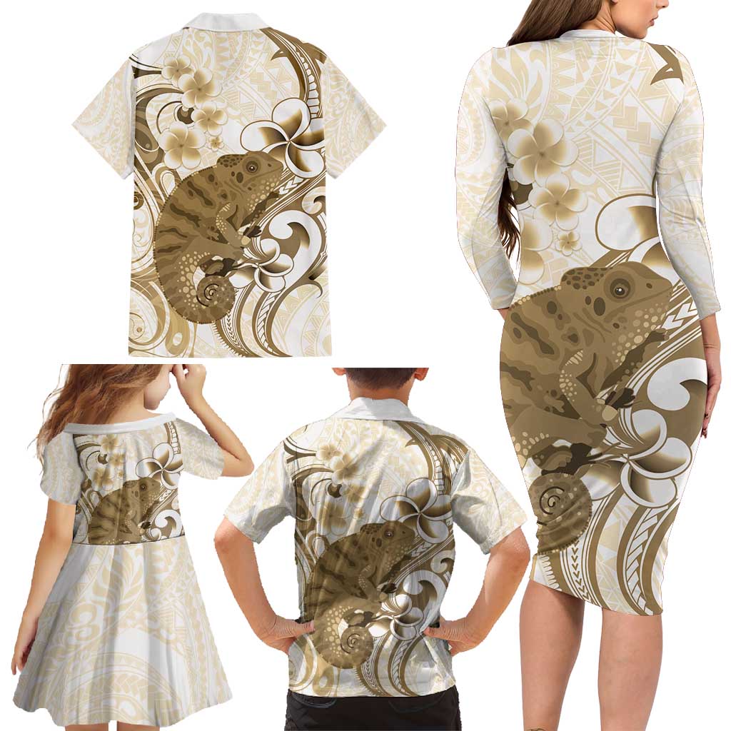 Brown And White Hawaii Chameleon Family Matching Long Sleeve Bodycon Dress and Hawaiian Shirt Plumeria Polynesian Tribal Art