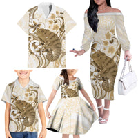 Brown And White Hawaii Chameleon Family Matching Off The Shoulder Long Sleeve Dress and Hawaiian Shirt Plumeria Polynesian Tribal Art