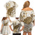 Brown And White Hawaii Chameleon Family Matching Off Shoulder Short Dress and Hawaiian Shirt Plumeria Polynesian Tribal Art