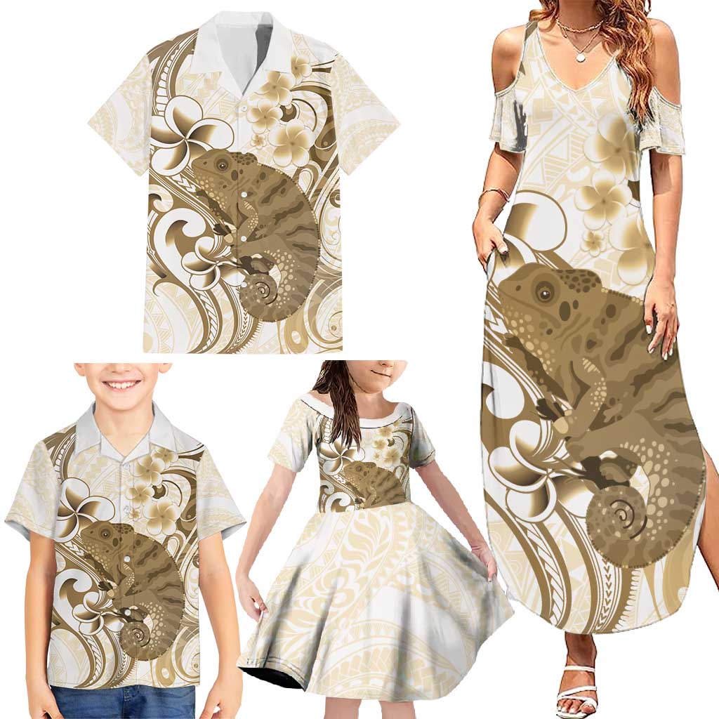 Brown And White Hawaii Chameleon Family Matching Summer Maxi Dress and Hawaiian Shirt Plumeria Polynesian Tribal Art