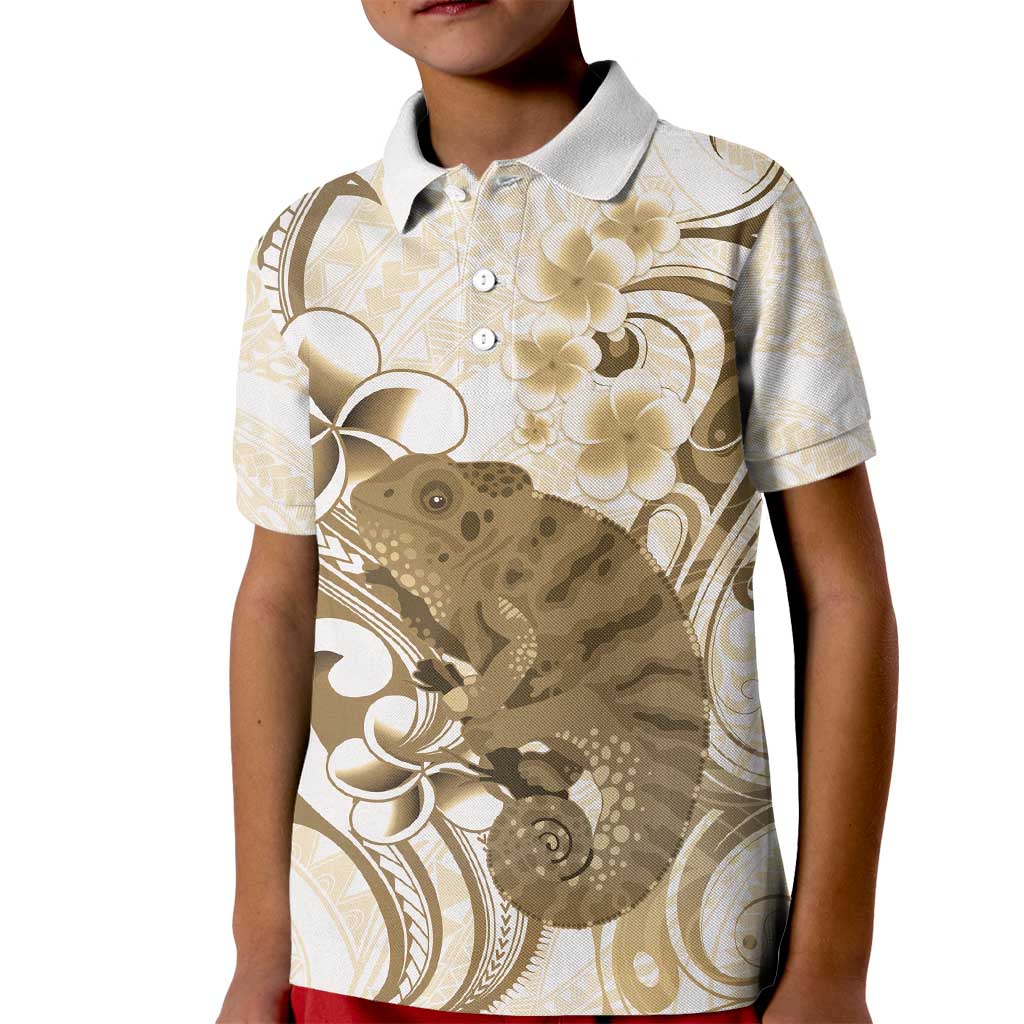 Brown And White Hawaii Chameleon Kid Polo Shirt Plumeria Polynesian Tribal Art