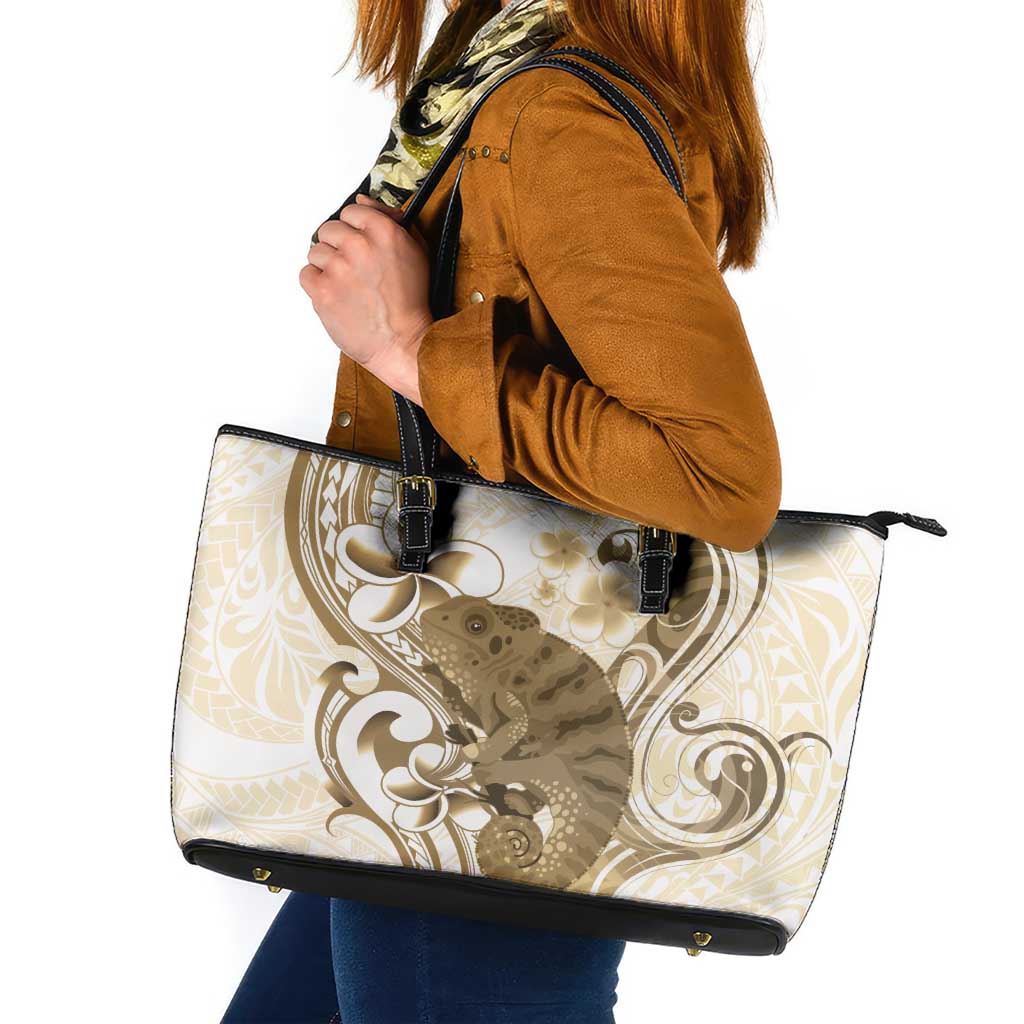 Brown And White Hawaii Chameleon Leather Tote Bag Plumeria Polynesian Tribal Art LT14 Brown - Polynesian Pride