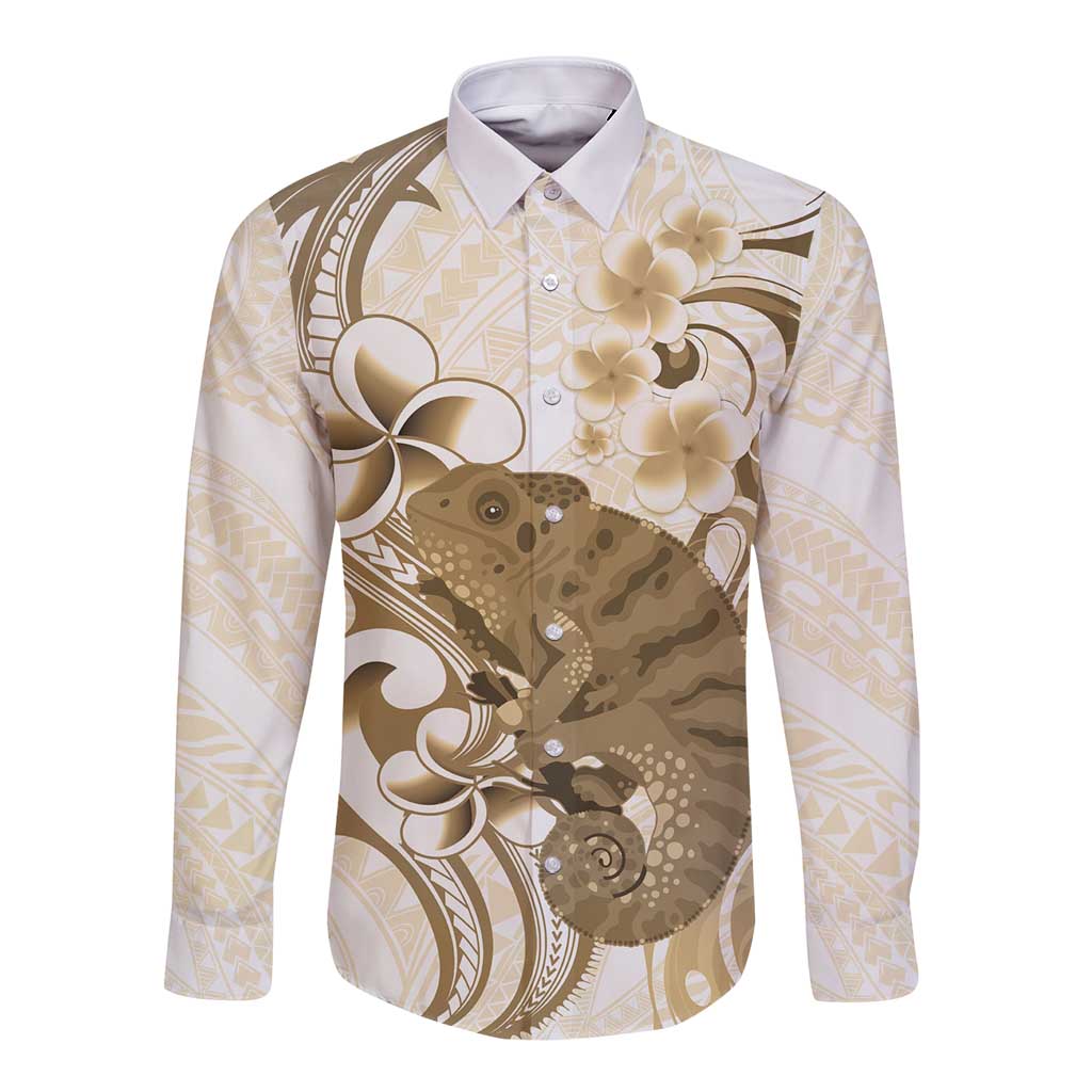 Brown And White Hawaii Chameleon Long Sleeve Button Shirt Plumeria Polynesian Tribal Art