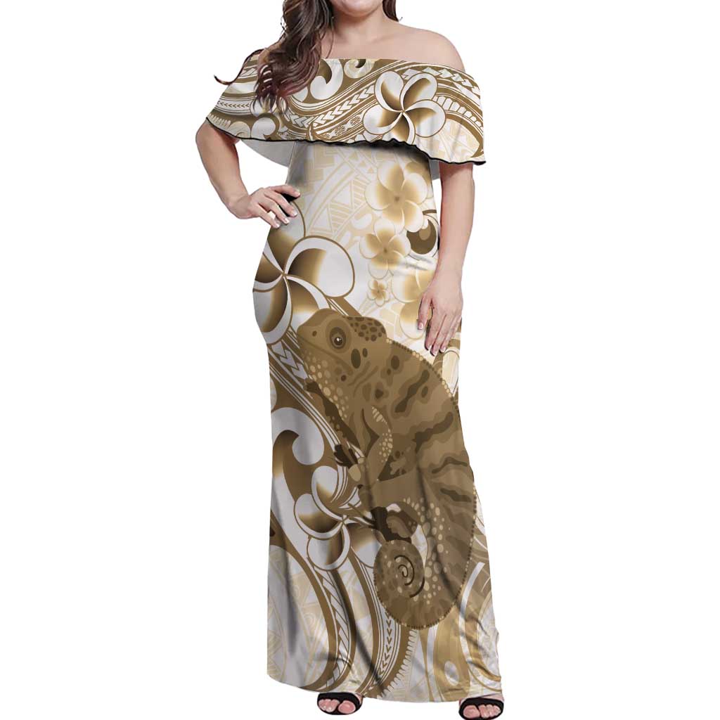 Brown And White Hawaii Chameleon Off Shoulder Maxi Dress Plumeria Polynesian Tribal Art LT14 Women Brown - Polynesian Pride