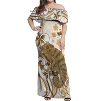 Brown And White Hawaii Chameleon Off Shoulder Maxi Dress Plumeria Polynesian Tribal Art LT14 Women Brown - Polynesian Pride