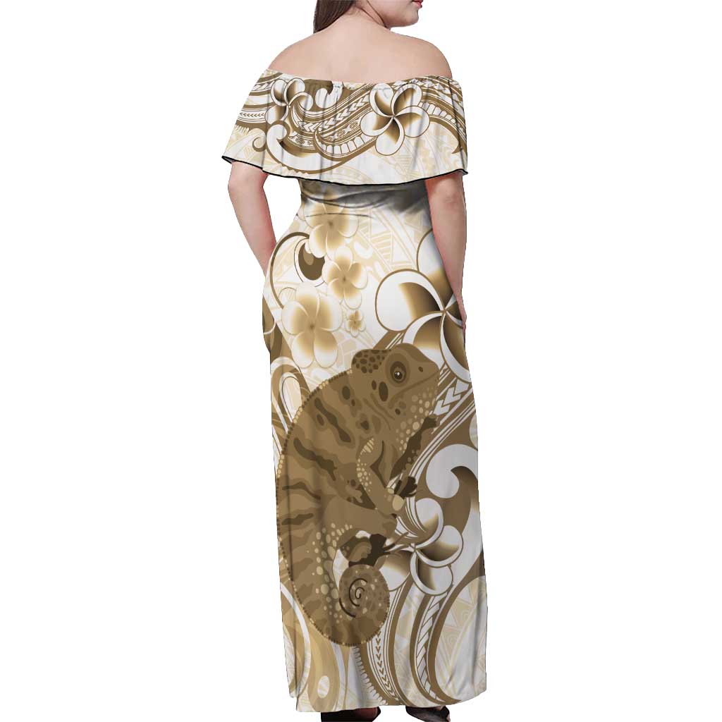 Brown And White Hawaii Chameleon Off Shoulder Maxi Dress Plumeria Polynesian Tribal Art LT14 - Polynesian Pride