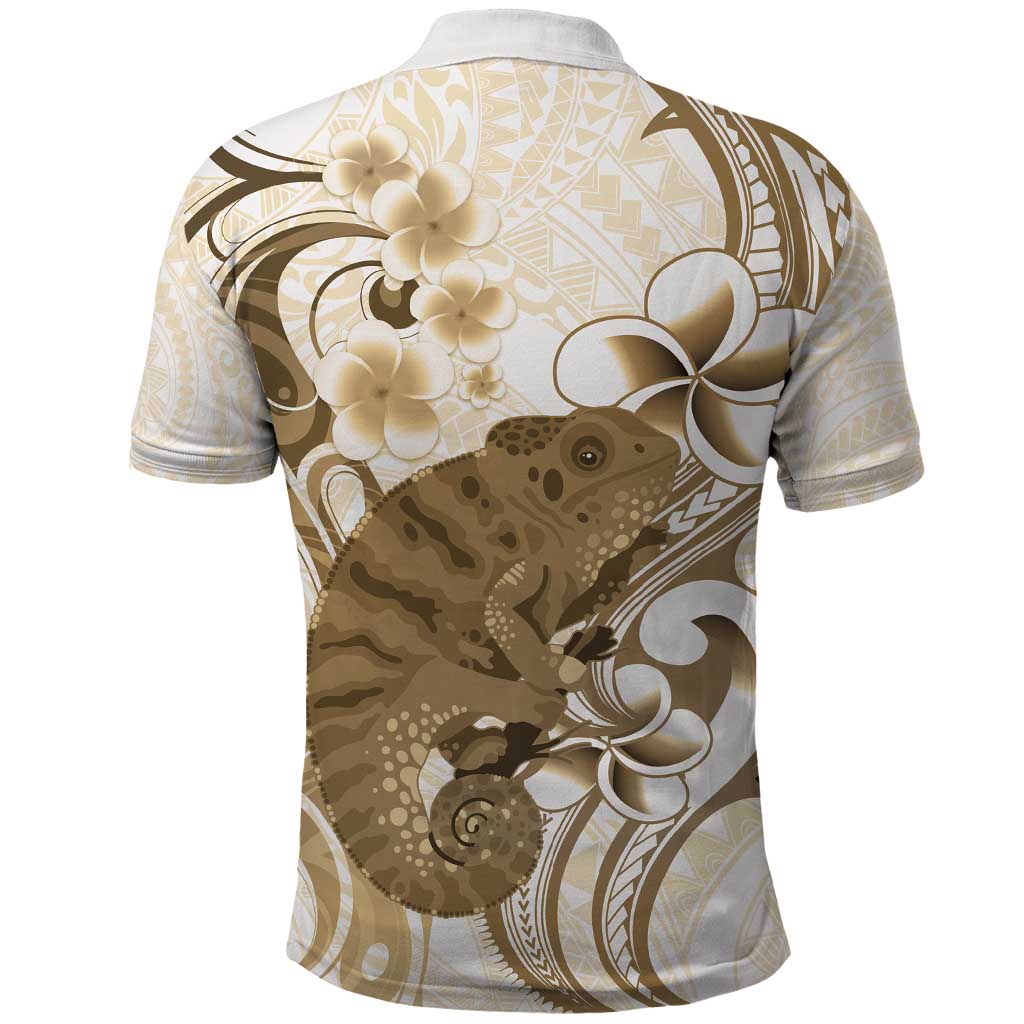 Brown And White Hawaii Chameleon Polo Shirt Plumeria Polynesian Tribal Art