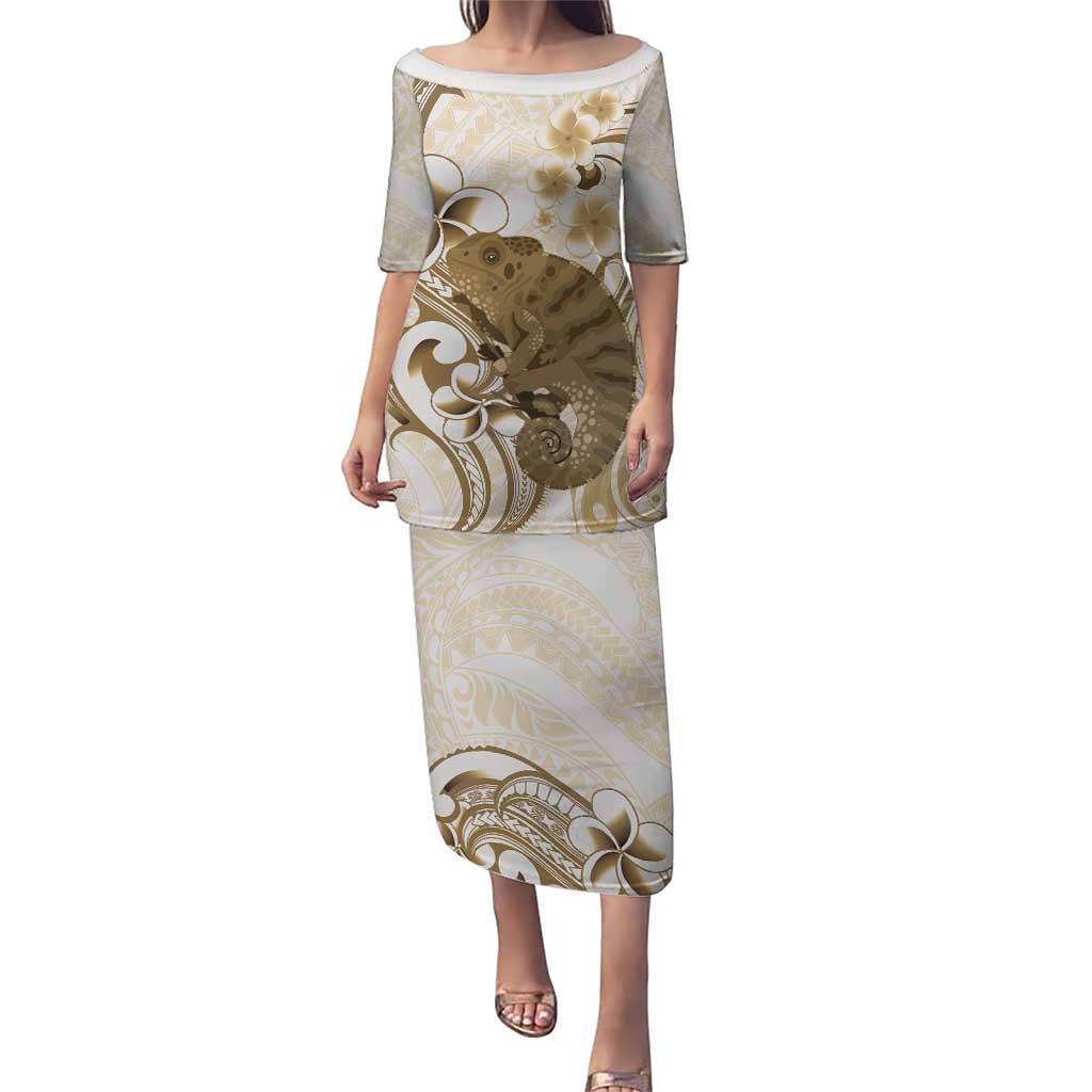Brown And White Hawaii Chameleon Puletasi Plumeria Polynesian Tribal Art LT14 Long Dress Brown - Polynesian Pride