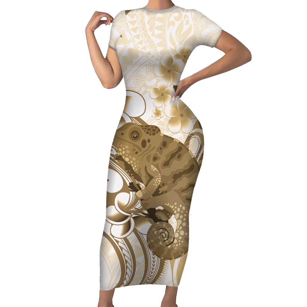 Brown And White Hawaii Chameleon Short Sleeve Bodycon Dress Plumeria Polynesian Tribal Art