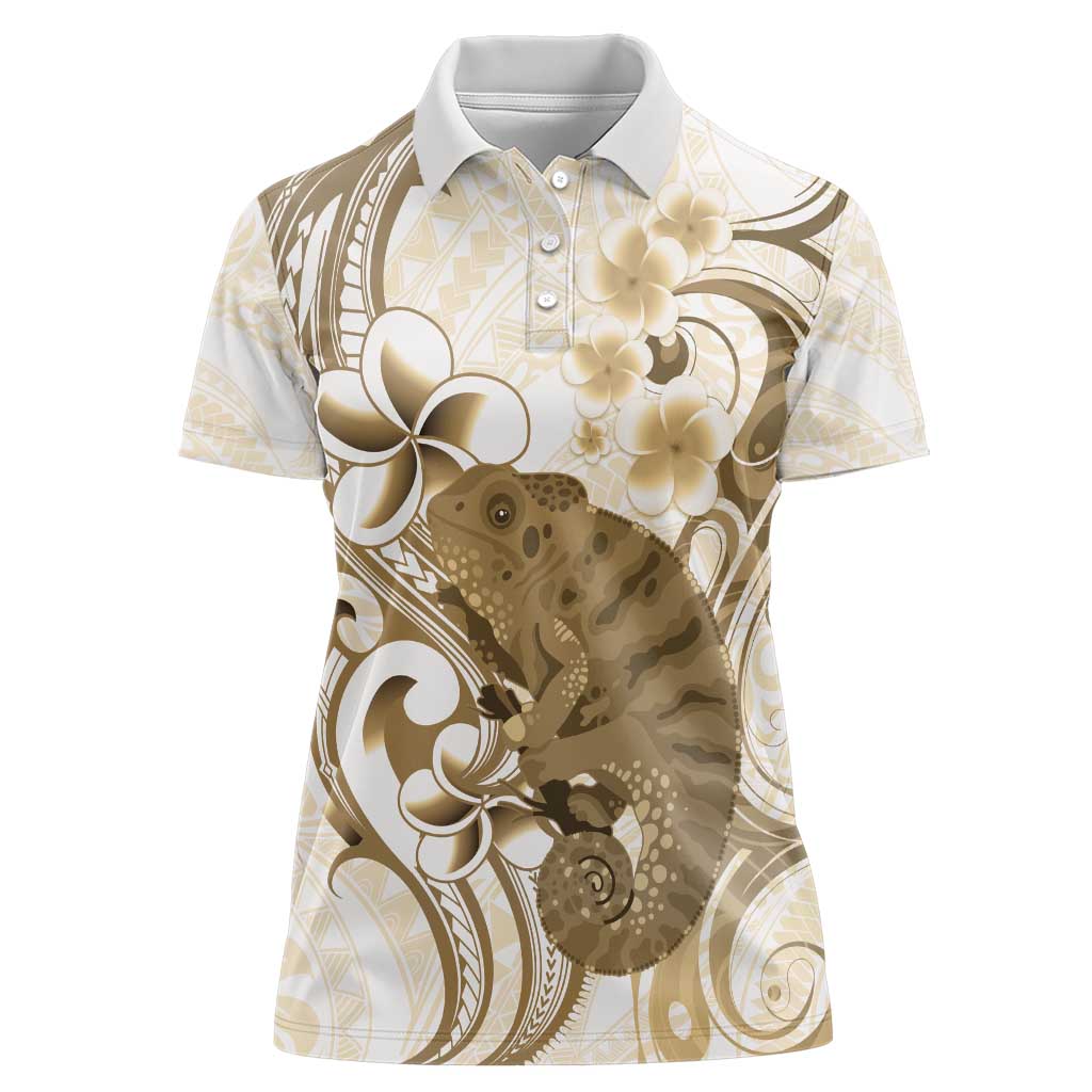 Brown And White Hawaii Chameleon Women Polo Shirt Plumeria Polynesian Tribal Art