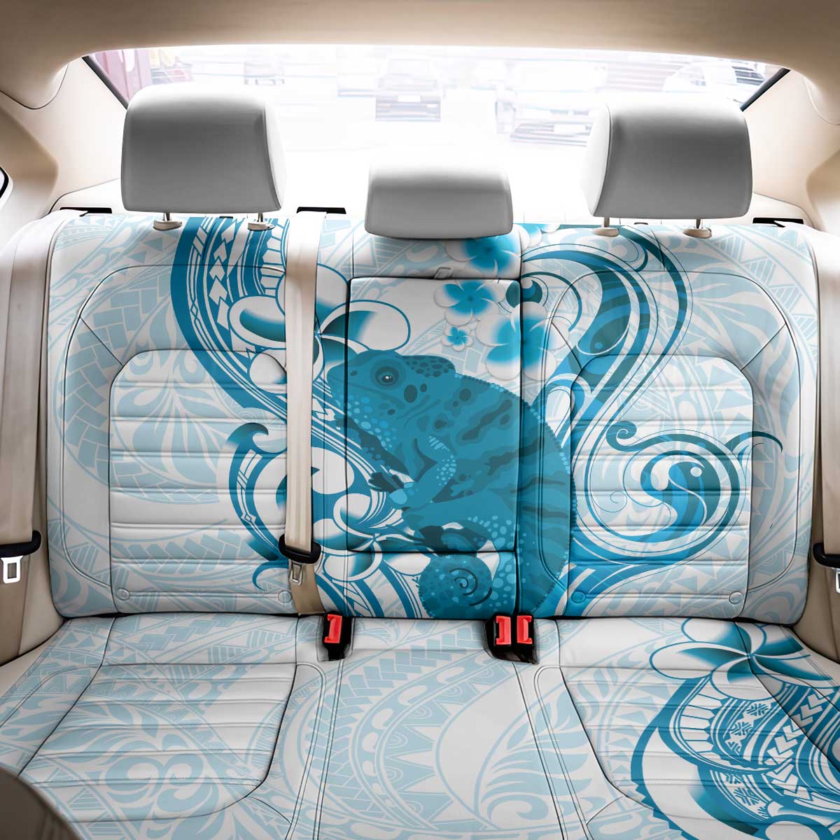 Cyan And White Hawaii Chameleon Back Car Seat Cover Plumeria Polynesian Tribal Art