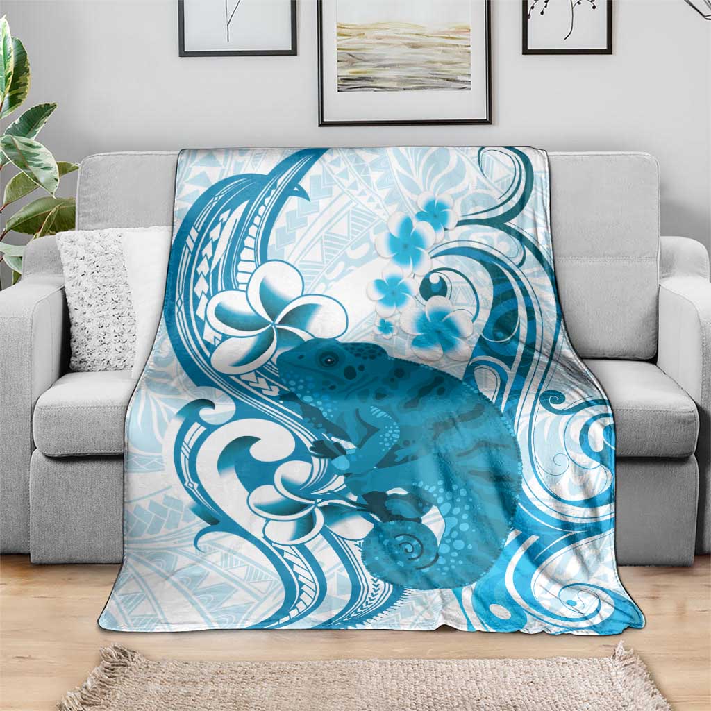 Cyan And White Hawaii Chameleon Blanket Plumeria Polynesian Tribal Art LT14 - Polynesian Pride