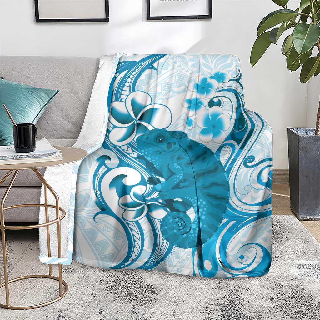 Cyan And White Hawaii Chameleon Blanket Plumeria Polynesian Tribal Art LT14 - Polynesian Pride