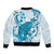 Cyan And White Hawaii Chameleon Bomber Jacket Plumeria Polynesian Tribal Art