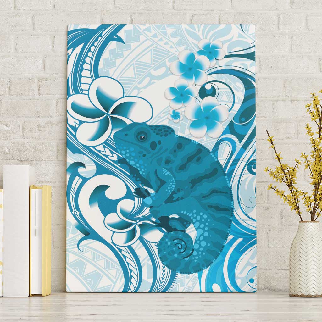 Cyan And White Hawaii Chameleon Canvas Wall Art Plumeria Polynesian Tribal Art