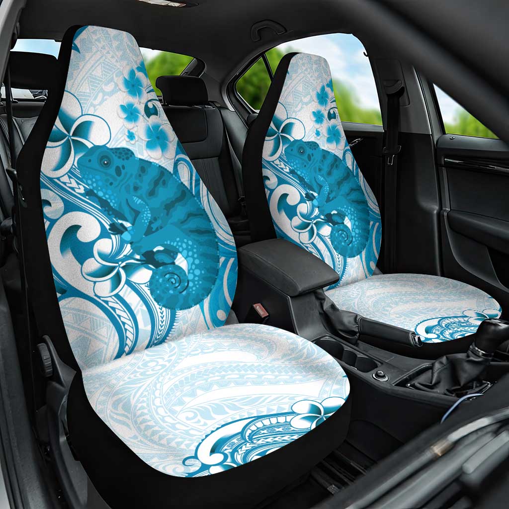 Cyan And White Hawaii Chameleon Car Seat Cover Plumeria Polynesian Tribal Art