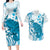 Cyan And White Hawaii Chameleon Couples Matching Long Sleeve Bodycon Dress and Hawaiian Shirt Plumeria Polynesian Tribal Art