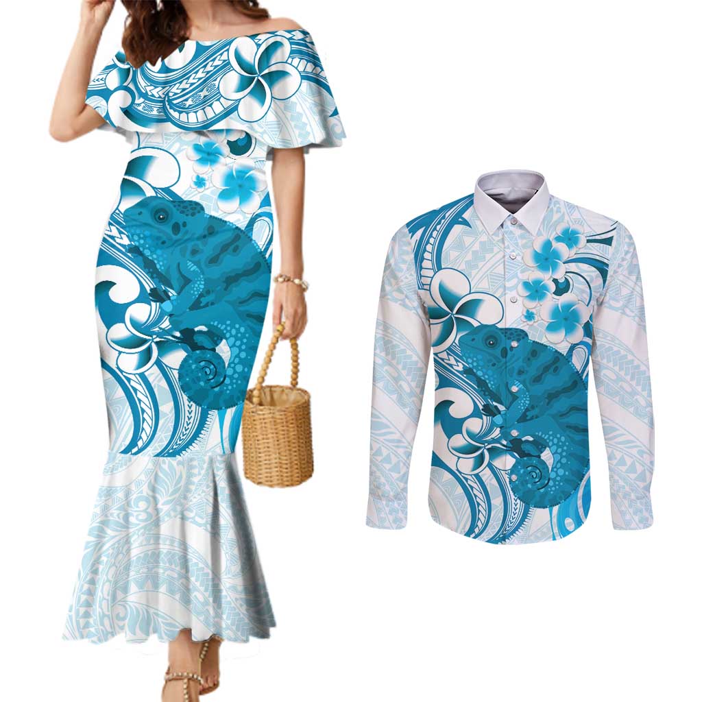 Cyan And White Hawaii Chameleon Couples Matching Mermaid Dress and Long Sleeve Button Shirt Plumeria Polynesian Tribal Art LT14 Cyan - Polynesian Pride