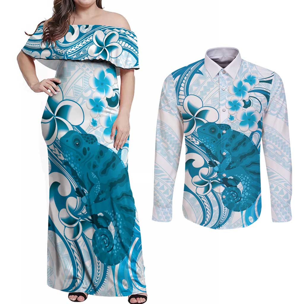 Cyan And White Hawaii Chameleon Couples Matching Off Shoulder Maxi Dress and Long Sleeve Button Shirt Plumeria Polynesian Tribal Art LT14 Cyan - Polynesian Pride