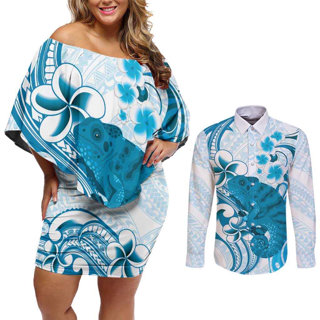 Cyan And White Hawaii Chameleon Couples Matching Off Shoulder Short Dress and Long Sleeve Button Shirt Plumeria Polynesian Tribal Art LT14 Cyan - Polynesian Pride