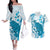 Cyan And White Hawaii Chameleon Couples Matching Off The Shoulder Long Sleeve Dress and Hawaiian Shirt Plumeria Polynesian Tribal Art