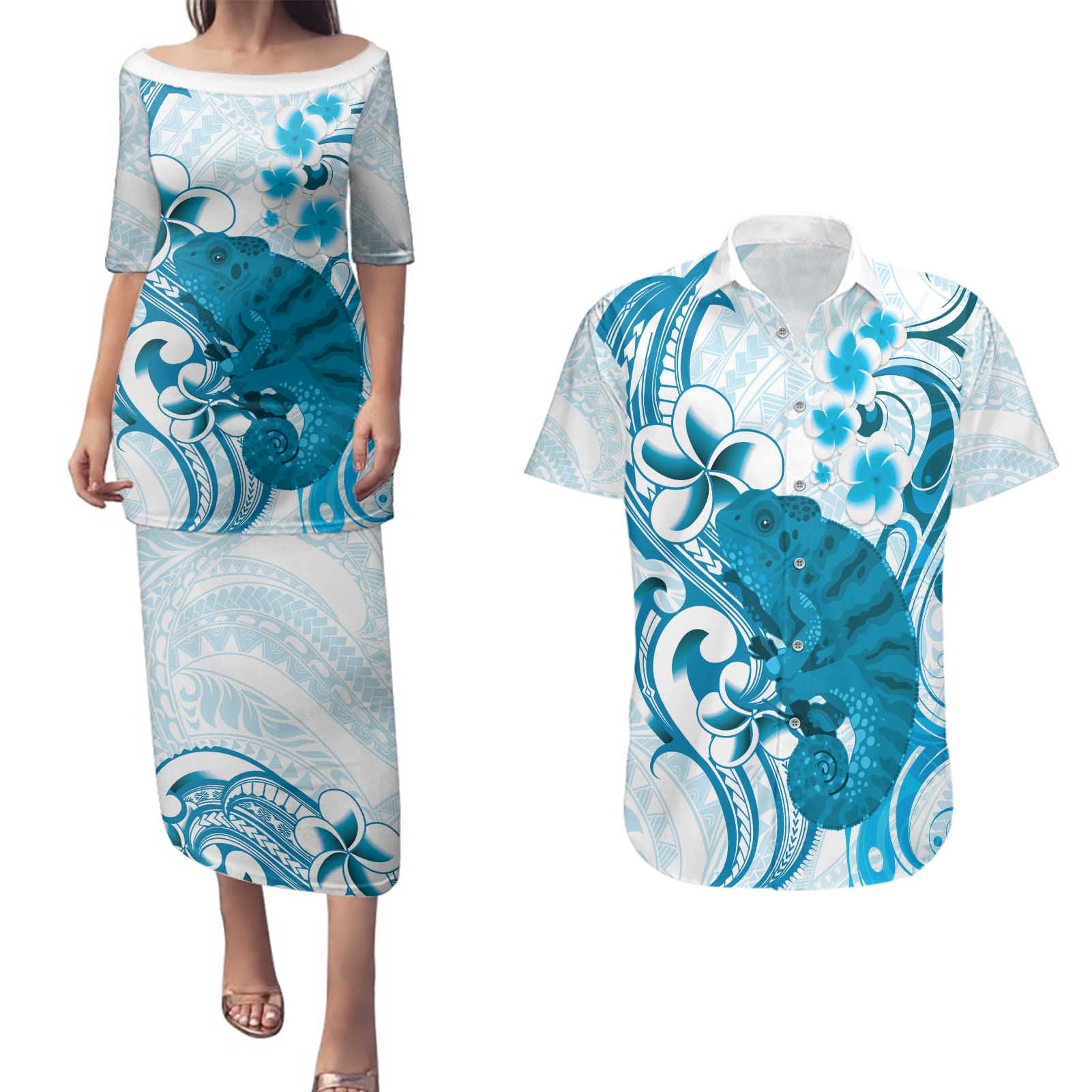 Cyan And White Hawaii Chameleon Couples Matching Puletasi and Hawaiian Shirt Plumeria Polynesian Tribal Art